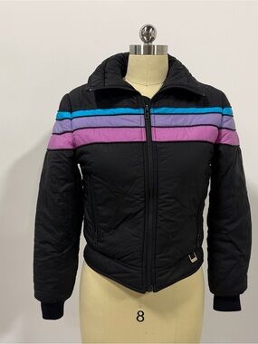 FERA insulated ski jacket, puffer with chest stripes in blue, lavender, pink.